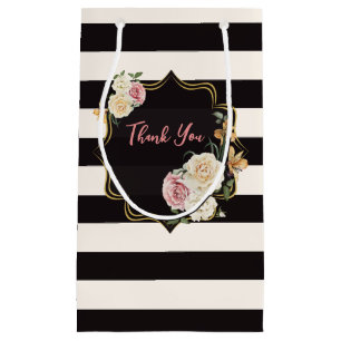 Black, Ivory, Gold Floral, Striped Small Gift Bag