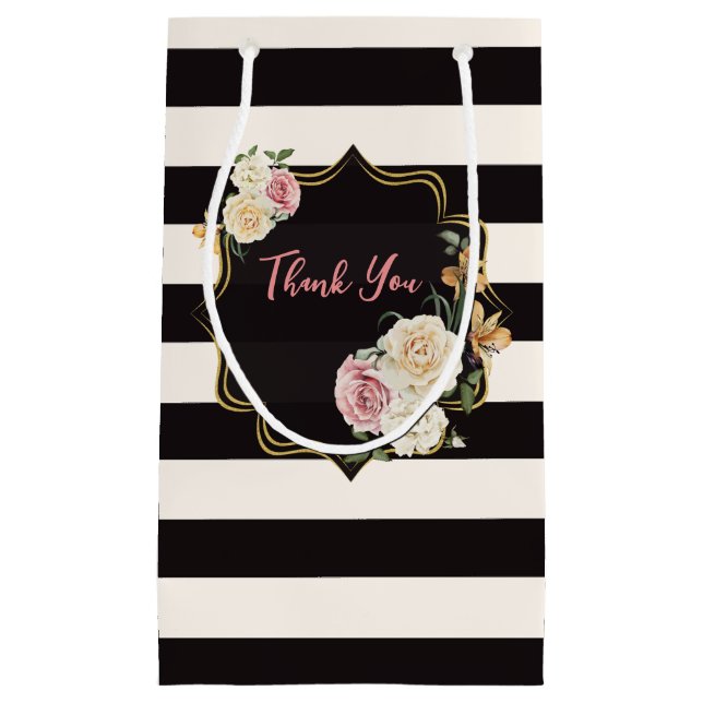 Black, Ivory, Gold Floral, Striped  Small Gift Bag (Front)