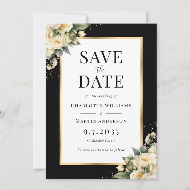 Black Ivory Gold Floral Wedding Save The Date Card (Front)