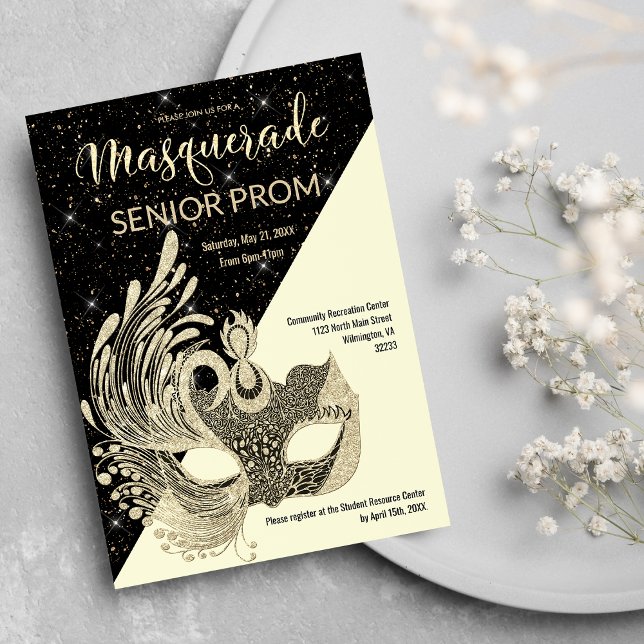 Black Ivory Gold Sparkle Glitter Masquerade Prom  Invitation (Black Ivory Gold Sparkle Glitter Masquerade Prom)