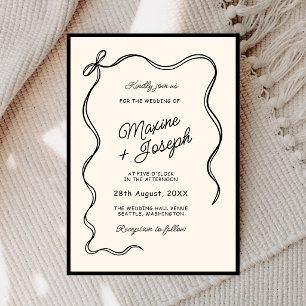 Black & Ivory Hand Drawn Bow Ribbon Sketch Wedding Invitation