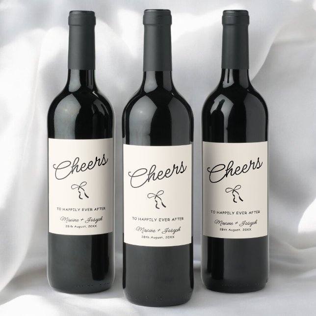 Black & Ivory Hand Drawn Bow Ribbon Sketch Wedding Wine Label (Black and ivory bow ribbon wedding wine label brings timeless elegance to your celebration.)