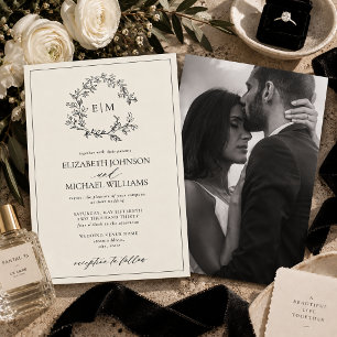 Black Ivory Leafy Crest Monogram Photo Wedding Invitation
