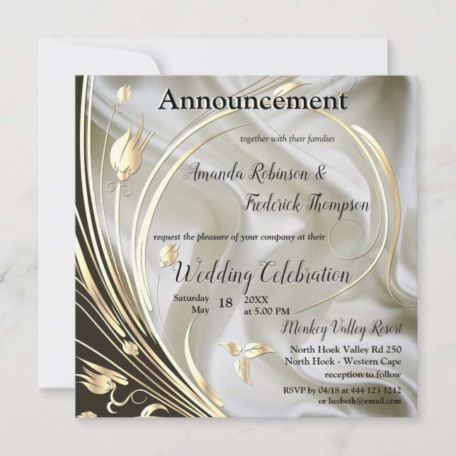 Black & Ivory on Champagne Silk Wedding Announcement (Front)