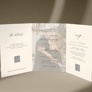 Black ivory photo wedding RSVP details QR code Tri-Fold Invitation