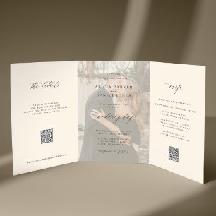 Black ivory photo wedding RSVP details QR code  Tri-Fold Invitation