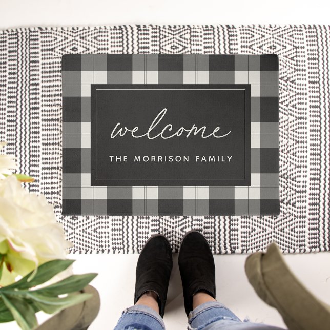Black & Ivory Plaid Personalised Welcome Doormat (Creator Uploaded)