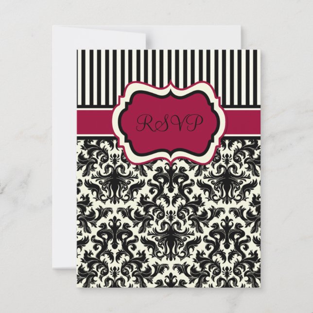 Black, Ivory, Red Striped Damask RSVP Card (Front)