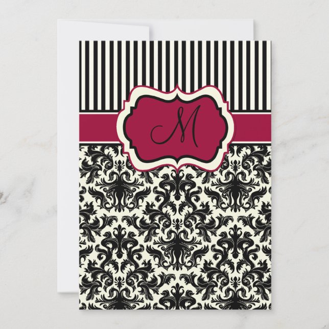 Black, Ivory, Red Stripes Damask Monogram Invite (Front)