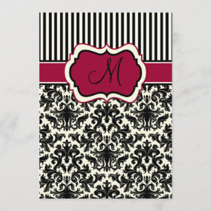 Black, Ivory, Red Stripes Damask Monogram Invite
