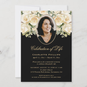 Black Ivory Rose Floral Photo Celebration of Life Invitation