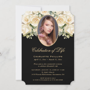 Black Ivory Rose Floral Photo Celebration of Life Invitation
