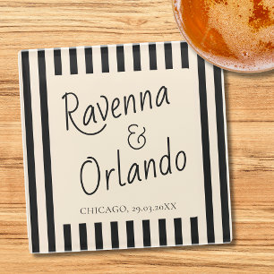 Black & Ivory Stripes Retro Minimalist Wedding Glass Coaster