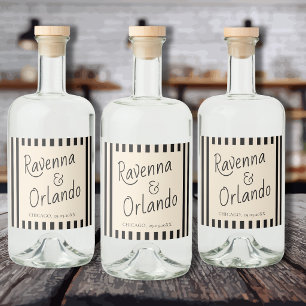 Black & Ivory Stripes Retro Minimalist Wedding Liquor Bottle Label