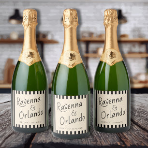 Black & Ivory Stripes Retro Minimalist Wedding Sparkling Wine Label