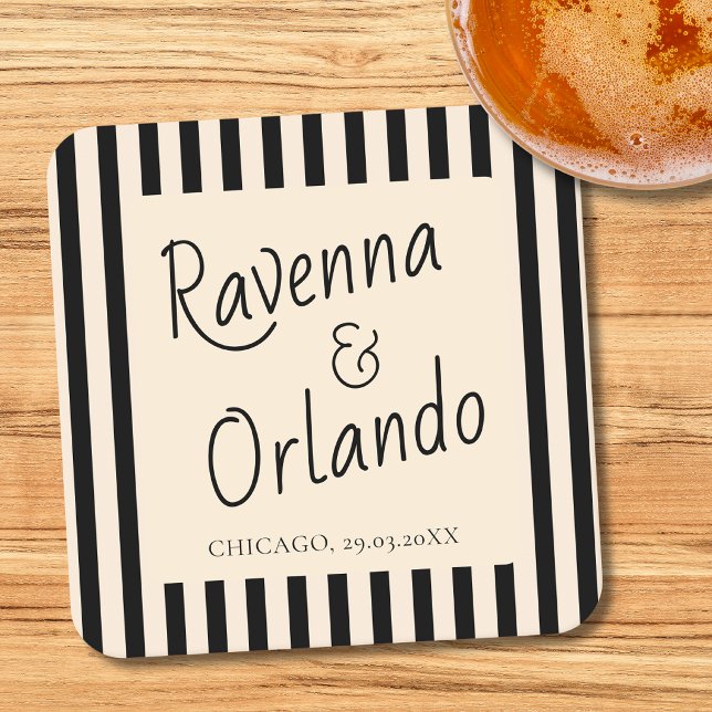 Black & Ivory Stripes Retro Minimalist Wedding Square Paper Coaster (Creator Uploaded)