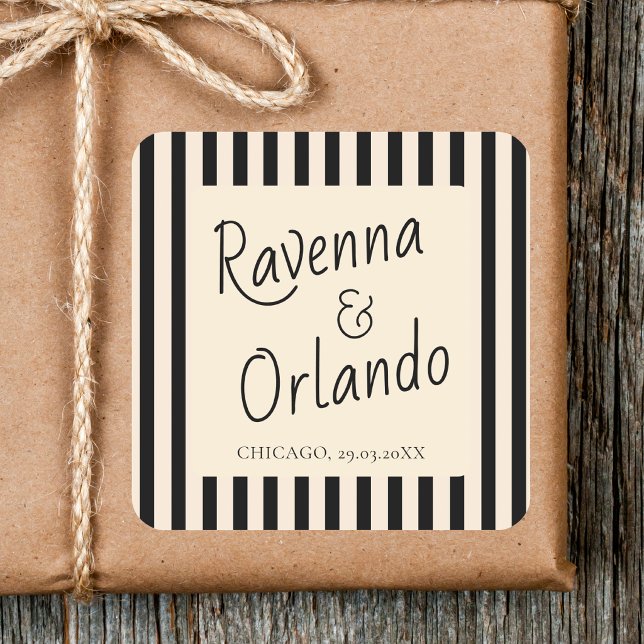 Black & Ivory Stripes Retro Minimalist Wedding Square Sticker (Creator Uploaded)