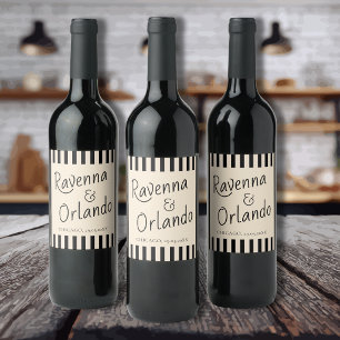 Black & Ivory Stripes Retro Minimalist Wedding Wine Label