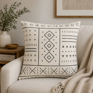 Black Ivory Tribal Geometric Pattern   Modern Boho Cushion