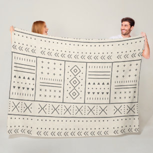 Black Ivory Tribal Geometric Pattern Modern Boho Fleece Blanket