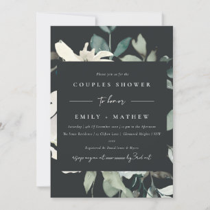 BLACK IVORY WHITE FLORA WATERCOLOR  COUPLES SHOWER INVITATION