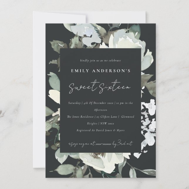 BLACK IVORY WHITE FLORAL BUNCH SWEET 16 BIRTHDAY INVITATION (Front)