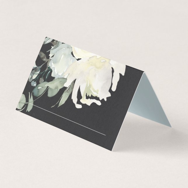 BLACK IVORY WHITE FLORAL BUNCH WEDDING PLACE CARDS (Front)