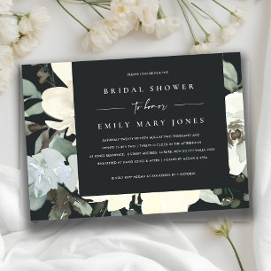 BLACK IVORY WHITE FLORAL WATERCOLOR  BRIDAL SHOWER INVITATION