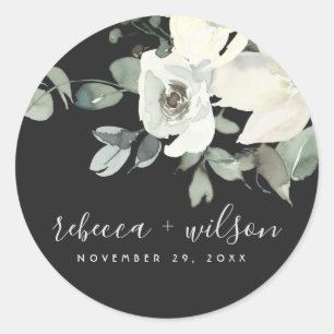 BLACK IVORY WHITE FLORAL WATERCOLOR BUNCH WEDDING CLASSIC ROUND STICKER