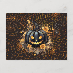 Black Jack-O' Lantern Orange Spiderwebs Halloween Holiday Postcard