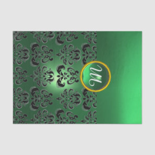 BLACK JADE GREEN  DAMASK GEMSTONE MONOGRAM Floral Tissue Paper