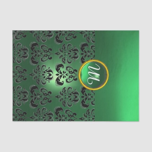 BLACK JADE GREEN  DAMASK GEMSTONE MONOGRAM Floral Tissue Paper (Front)