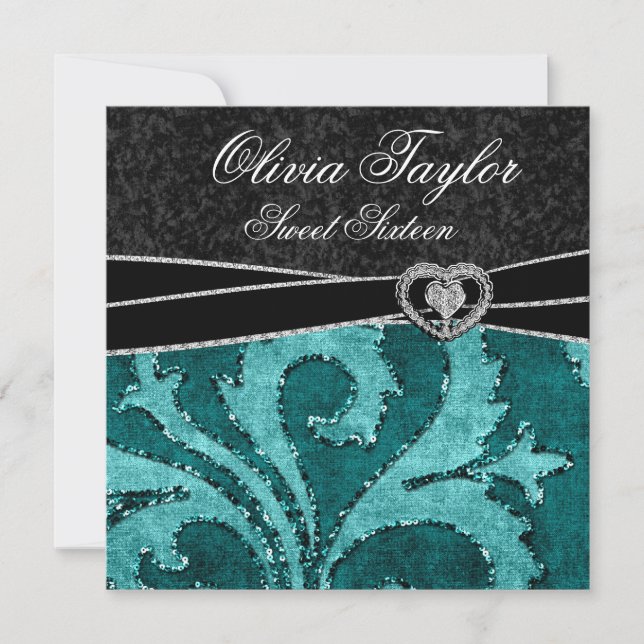 Black Jade Green Glitter Sweet Sixteen Birthday Invitation (Front)