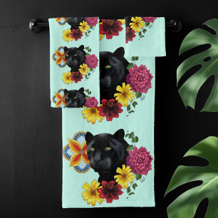 Black Jaguar Portrait Flowers  Bath Towel Set