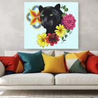 Black Jaguar Portrait Flowers