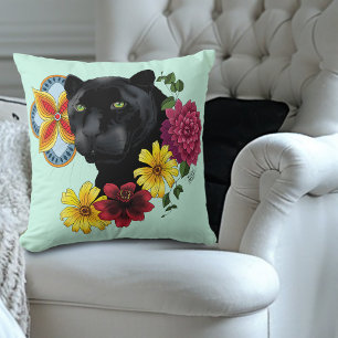 Black Jaguar Portrait Flowers Cushion