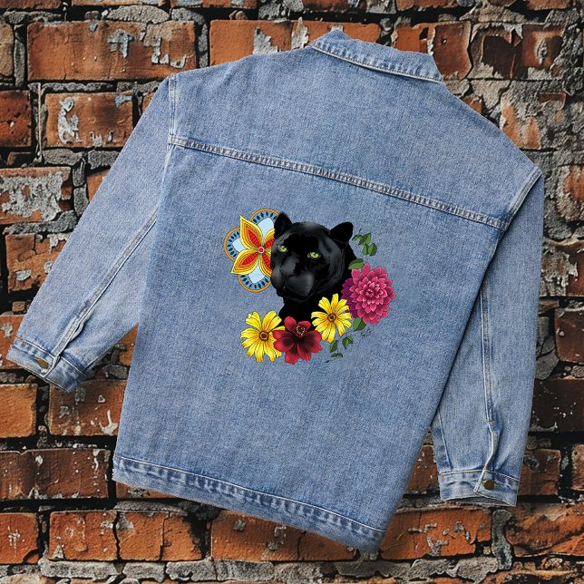 Black Jaguar Portrait Flowers Denim Jacket (Creator Uploaded)