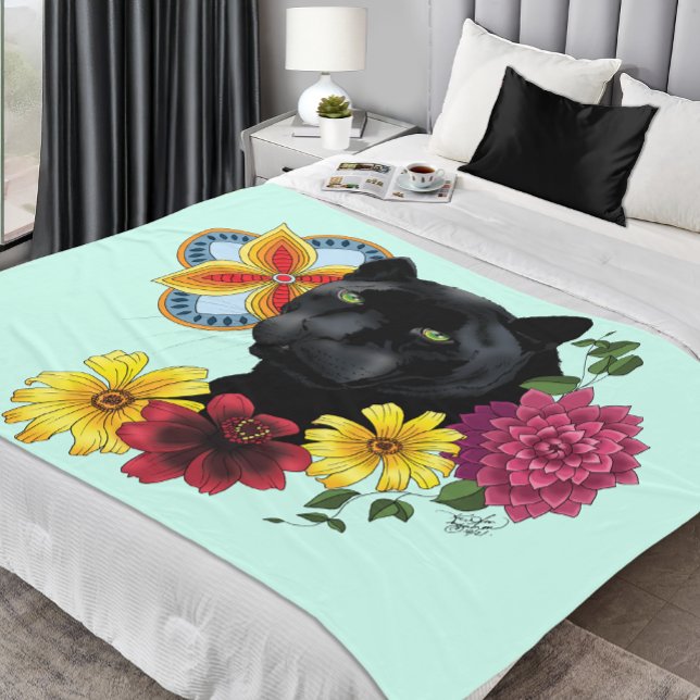 Black Jaguar Portrait Flowers Fleece Blanket (Creator Uploaded)