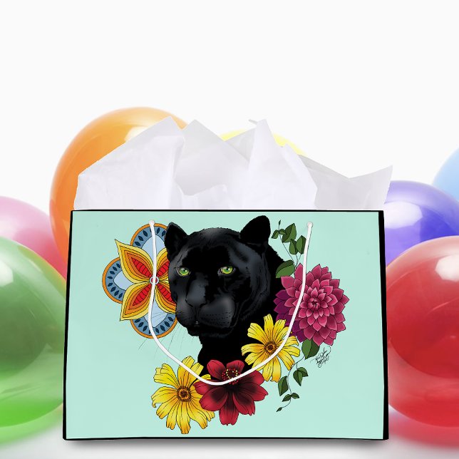 Black Jaguar Portrait Flowers Large Gift Bag (Creator Uploaded)