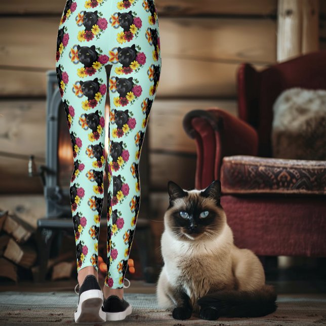 Black Jaguar Portrait Flowers Leggings (Creator Uploaded)