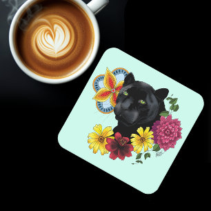 Black Jaguar Portrait Flowers Square Paper Coaster