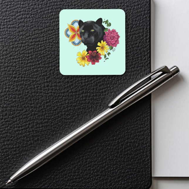 Black Jaguar Portrait Flowers Square Sticker (Creator Uploaded)