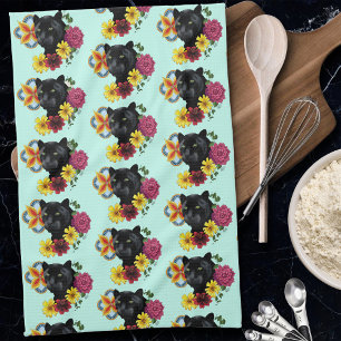 Black Jaguar Portrait Flowers Tea Towel