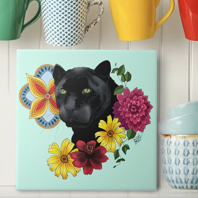Black Jaguar Portrait Flowers Tile (Creator Uploaded)