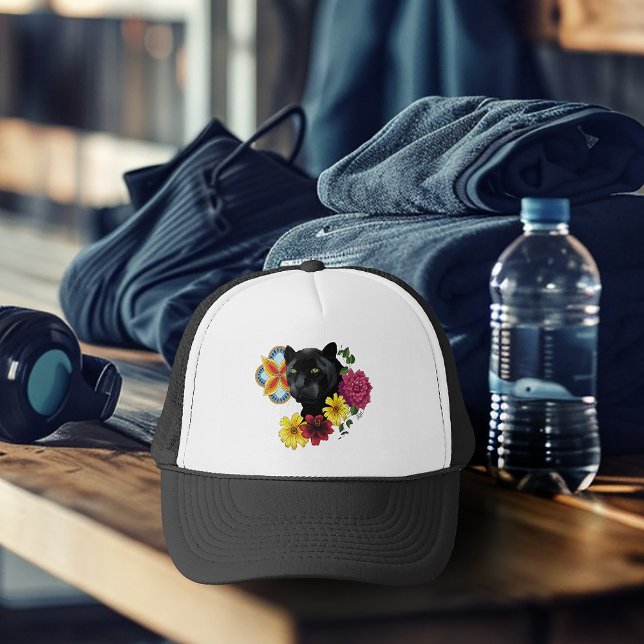 Black Jaguar Portrait Flowers Trucker Hat (Creator Uploaded)