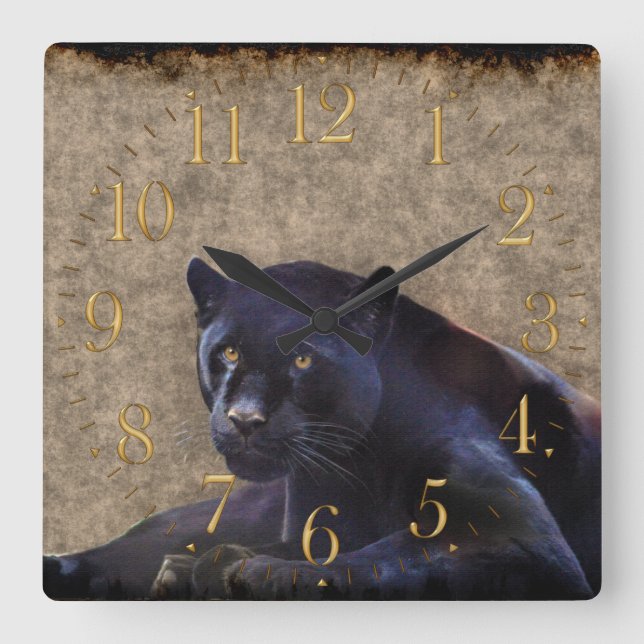Black Jaguar, Rustic Grunge BG Wildlife Wall Clock (Front)