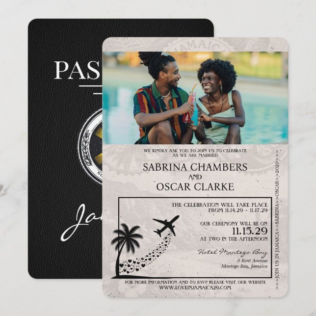 Black Jamaica Passport Wedding Invitation (Front/Back)