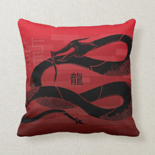 Black Japanese Dragon Red Background Cushion