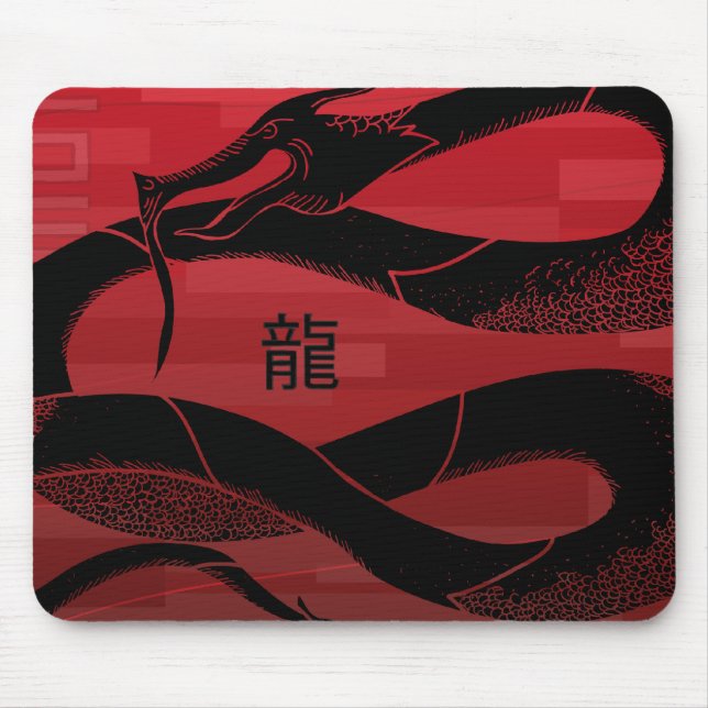 Black Japanese Dragon Red Background Mouse Mat (Front)