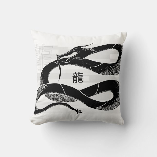 Black Japanese Dragon White Background Cushion (Front)